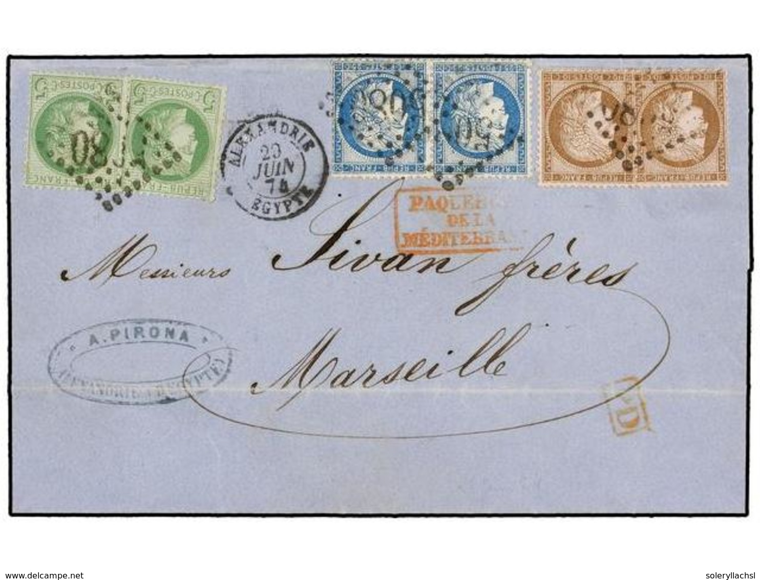 431 LEVANTE: CORREO FRANCES. 1874. ALEXANDRIE To FRANCE. Folded Letter Franked With French <B>5 Cts.</B> Green (2), <B>1 - Autres & Non Classés