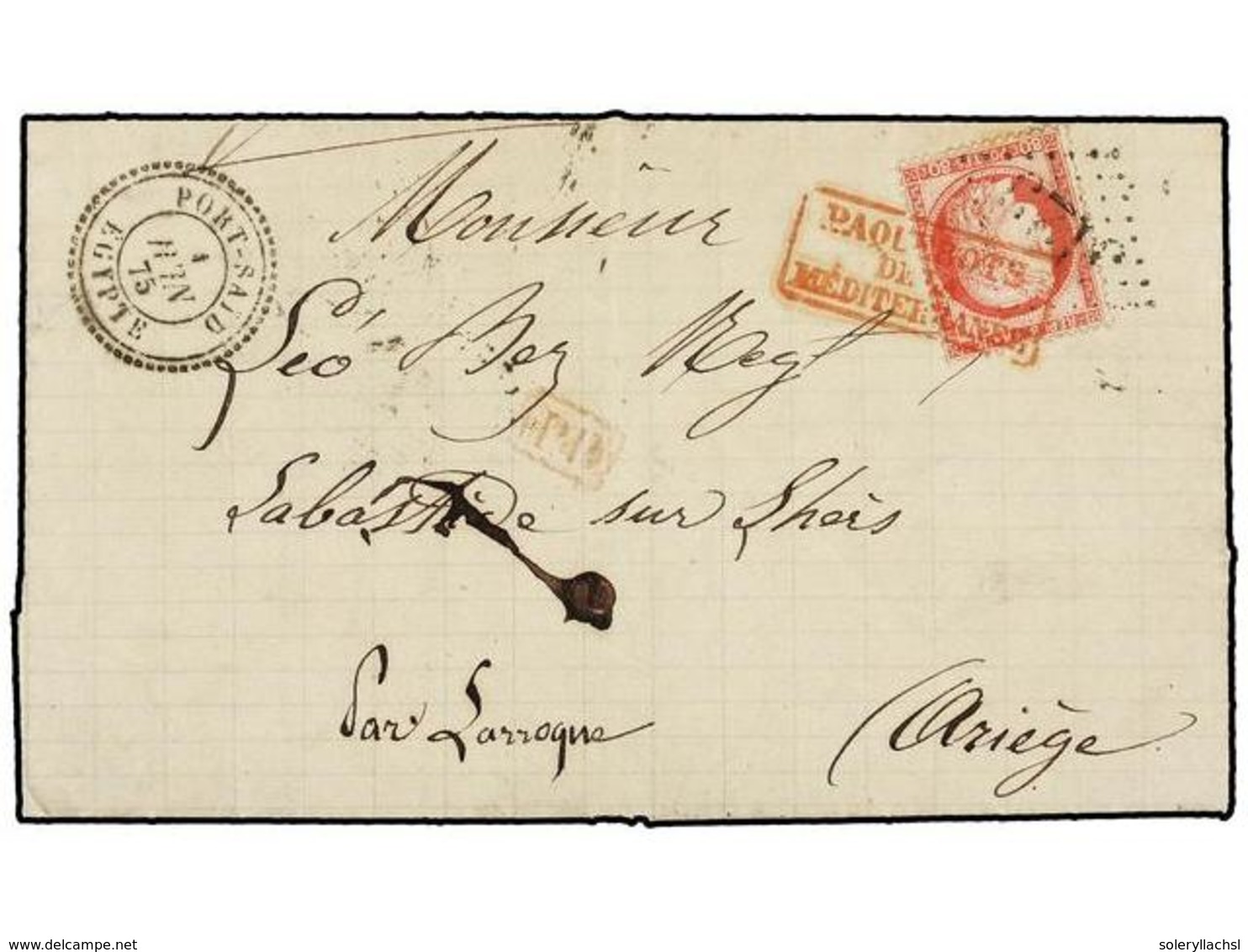 432 LEVANTE: CORREO FRANCES. 1875. PORT-SAID To FRANCE. Entire Letter Franked With French <B>80 Cts. </B>rose Stamp Tied - Autres & Non Classés