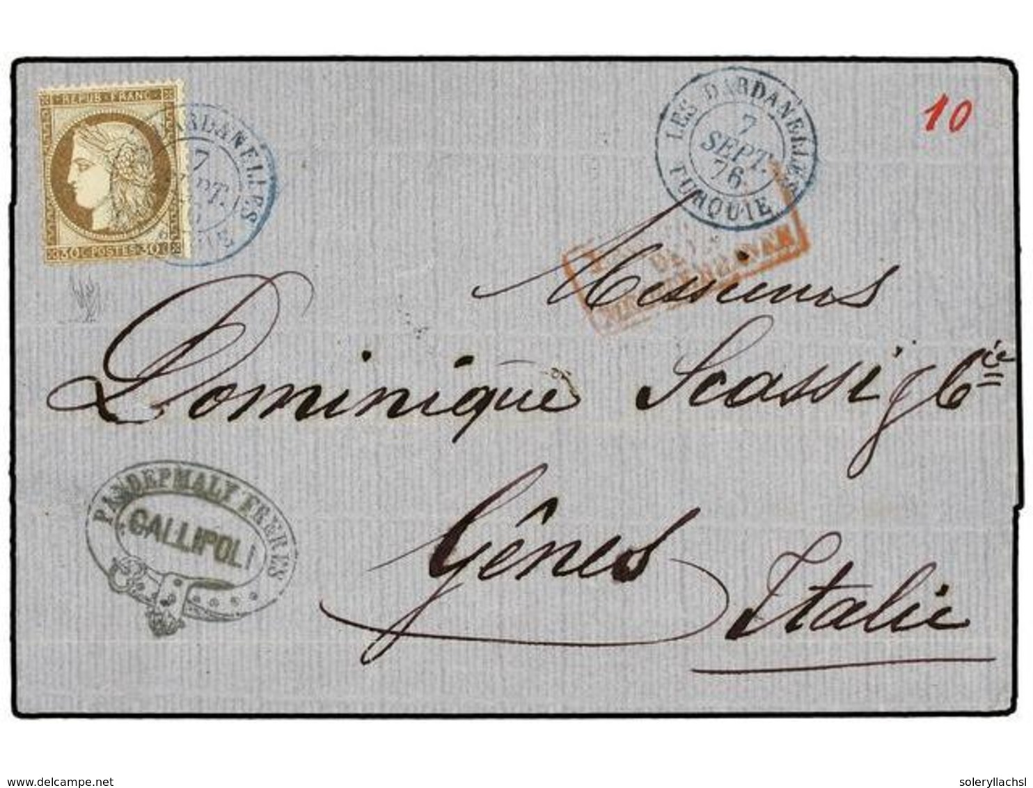 433 LEVANTE: CORREO FRANCES. 1876. GALLIPOLI (Turkey) To GENOVE (Italy). Folded Letter Franked With French <B>30 Cts. </ - Other & Unclassified