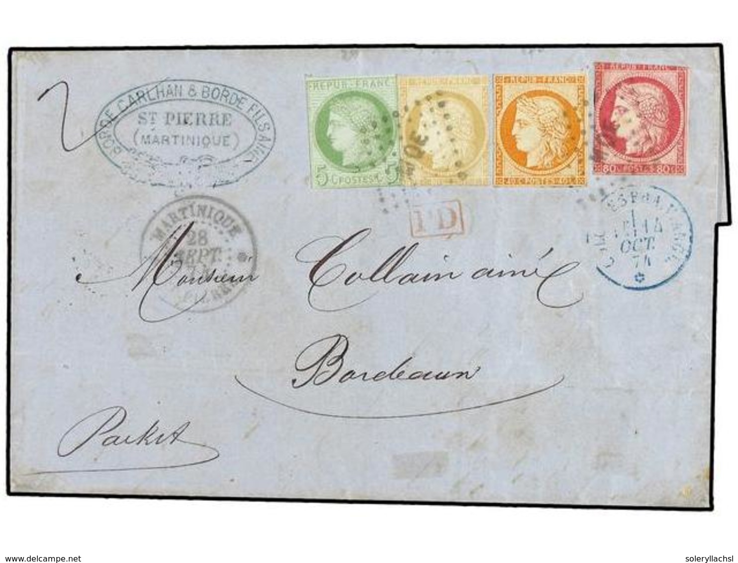 435 MARTINICA. 1874 (Sept 28). Double Rate Cover From ST. PIERRE To BORDEAUX Bearing Most Unusual Usage Of French 1871-7 - Andere & Zonder Classificatie