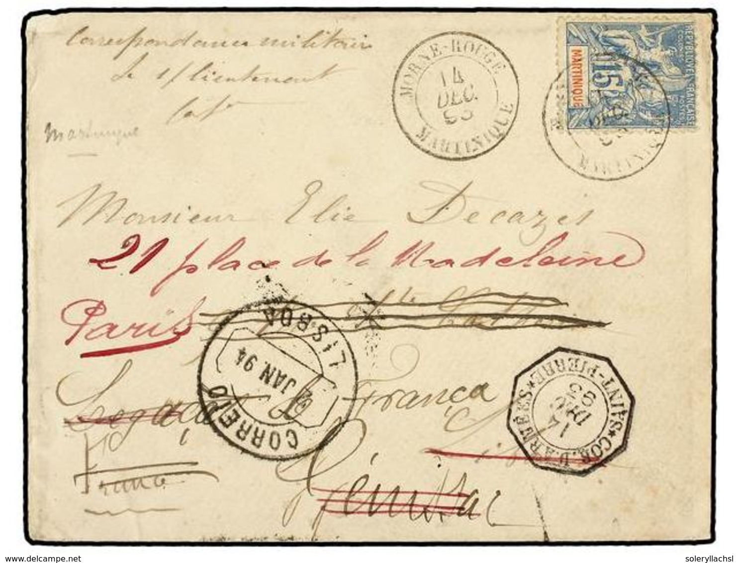 436 MARTINICA. Ce.36. 1893 (Dec 14). 'Correspondence Militarire' Endorsed Cover, Re-addressed On Arrival In Lisbon (Jan  - Sonstige & Ohne Zuordnung