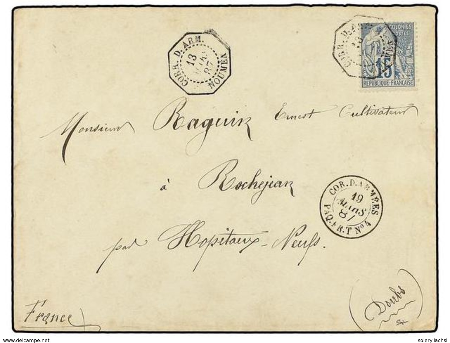 437 NUEVA CALEDONIA. Ce.51. 1887 (March 13). Military Cover From NOUMEA To FRANCE Franked By General Issues Dubois <B>15 - Autres & Non Classés