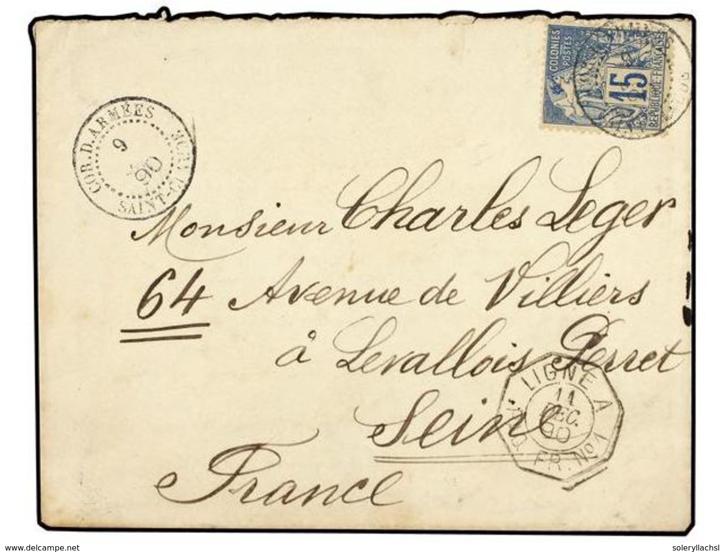 438 NUEVA CALEDONIA. 1890 (Dec 9). Cover At Military Concession Rate Franked By General Issues 1881 Dubois <B>15c.</B> B - Andere & Zonder Classificatie