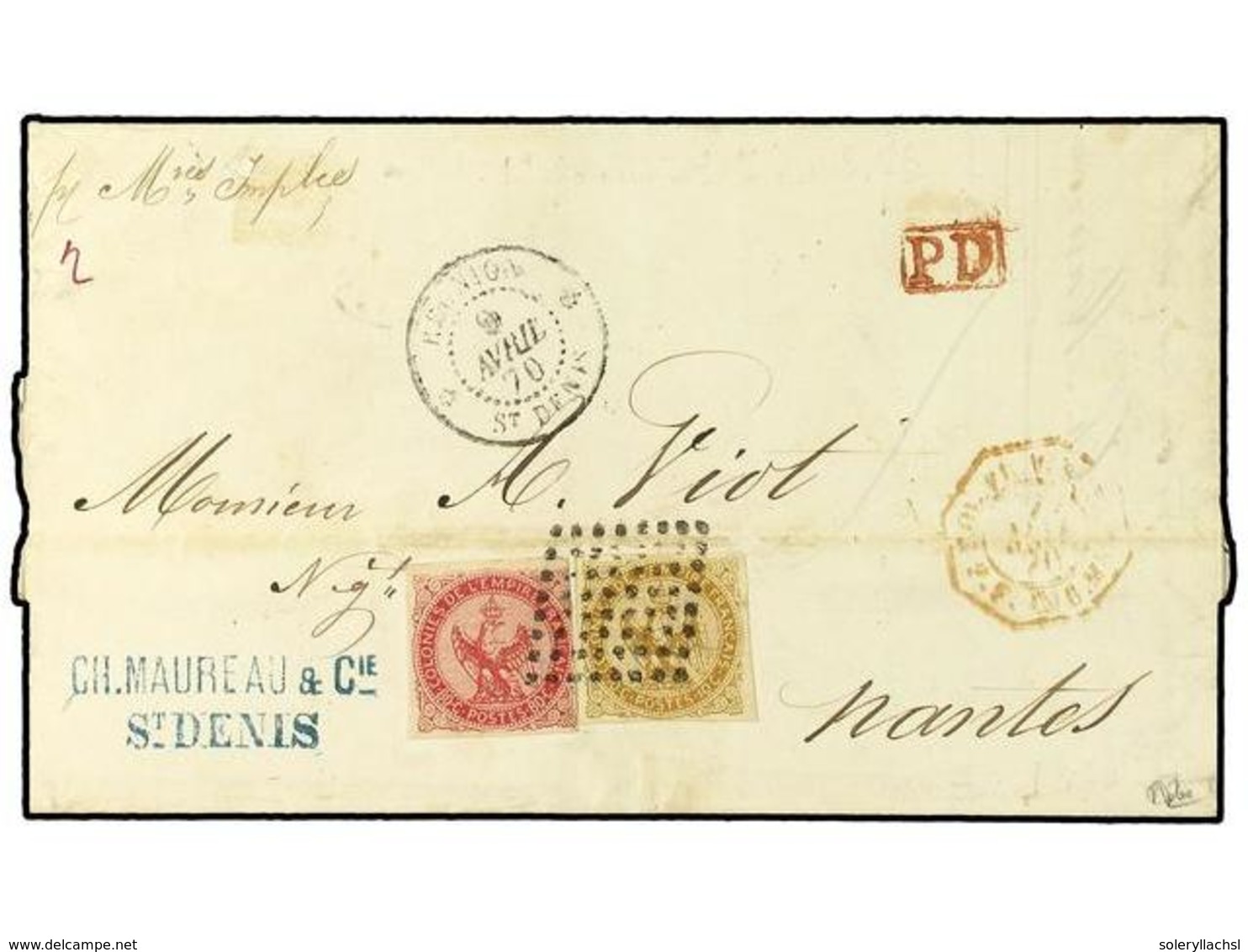 441 REUNION. 1859-65. <B>10 C.</B> Bister + <B>80 C.</B> Carmine Rose, Tied By Bold Dotted Lozenge Cancel On An 1870 Fol - Other & Unclassified