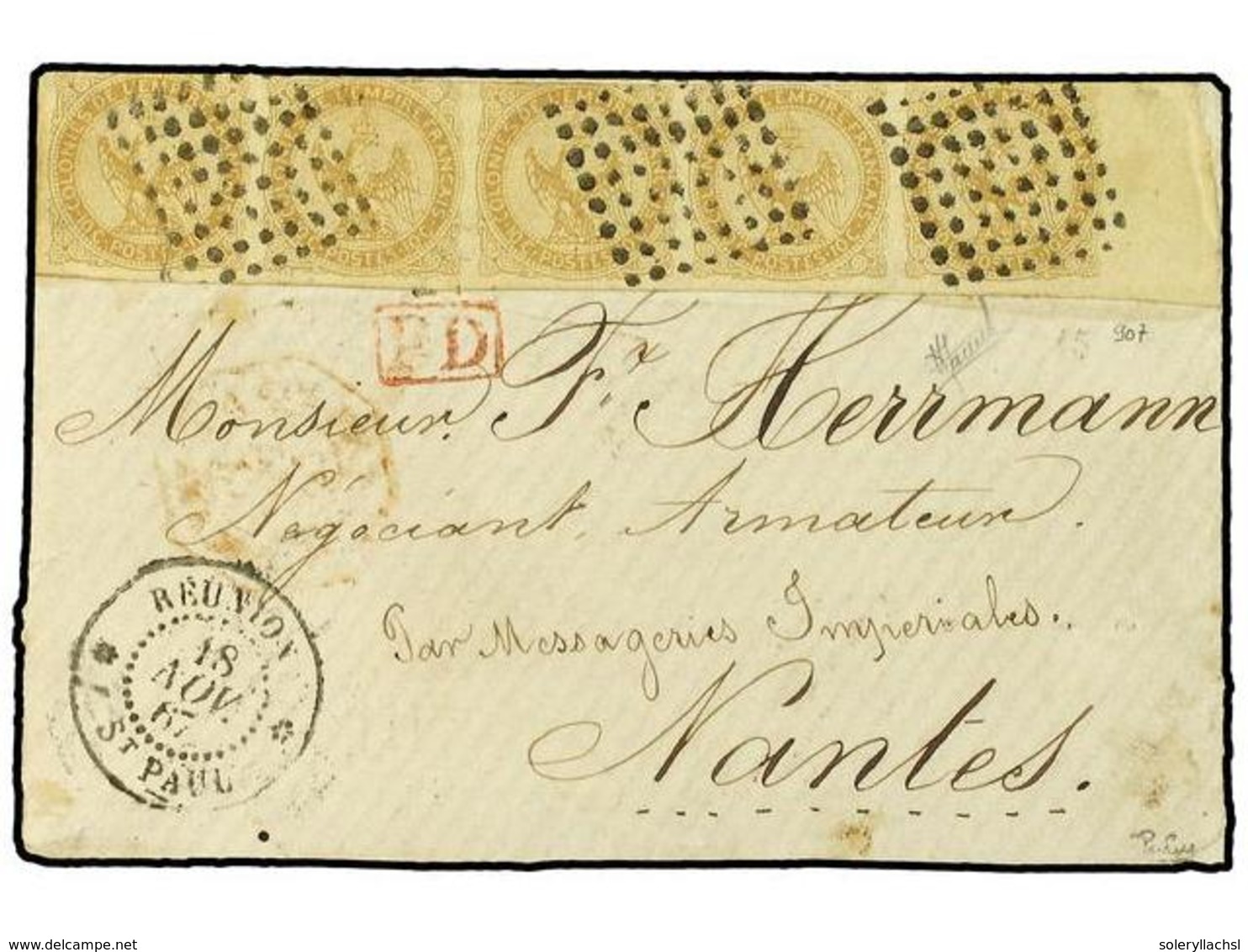 442 REUNION. 1867 (Nov 18). Cover From St. Paul To Nantes Franked By Sheet Marginal Strip Of Five 1859-65 <B>10c</B> Bis - Autres & Non Classés