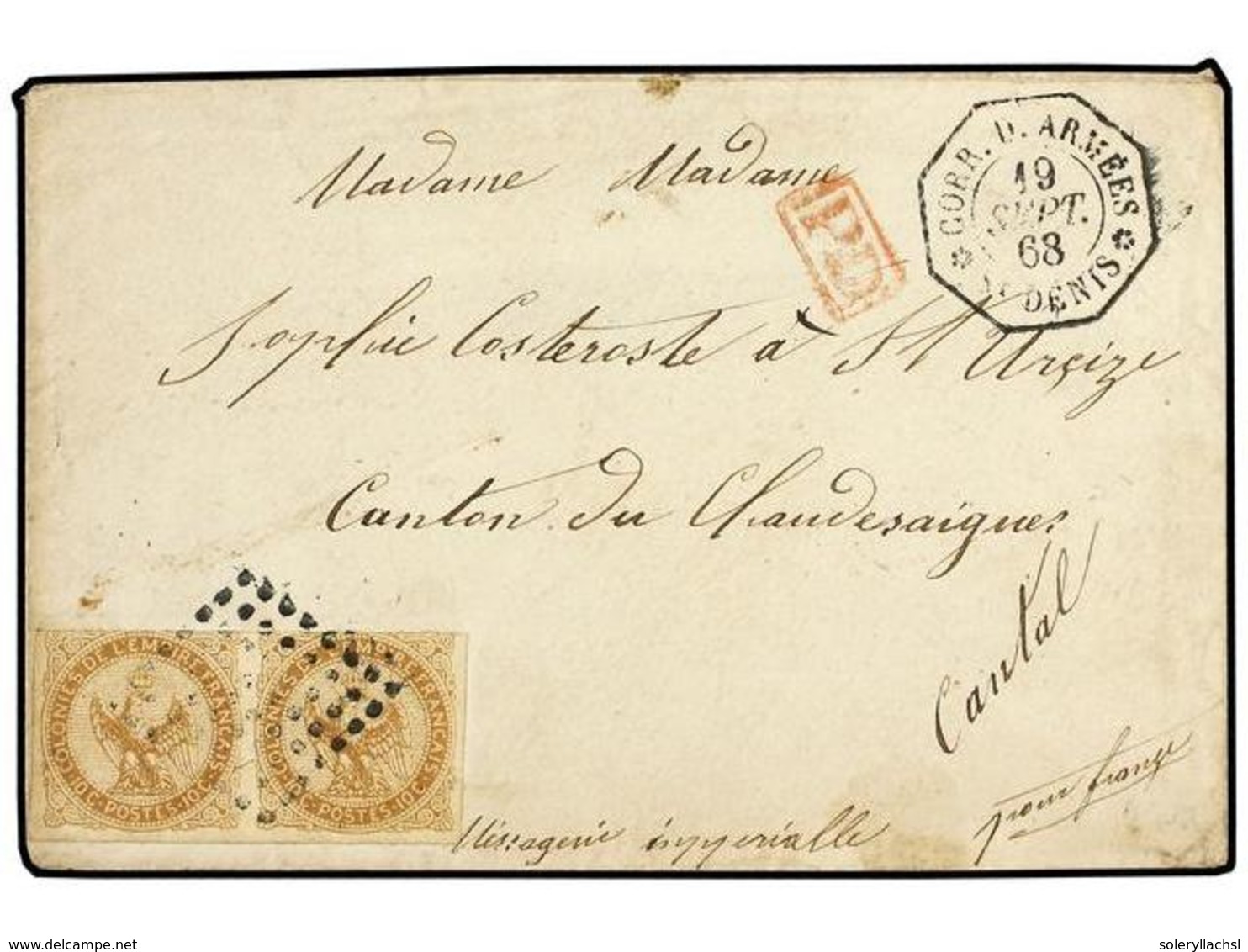 444 REUNION. 1868 (Sept 19). Military Concession Rate Cover To FRANCE With 1859-65 Eagle Issue <B>10c.</B> Bistre Tied B - Autres & Non Classés