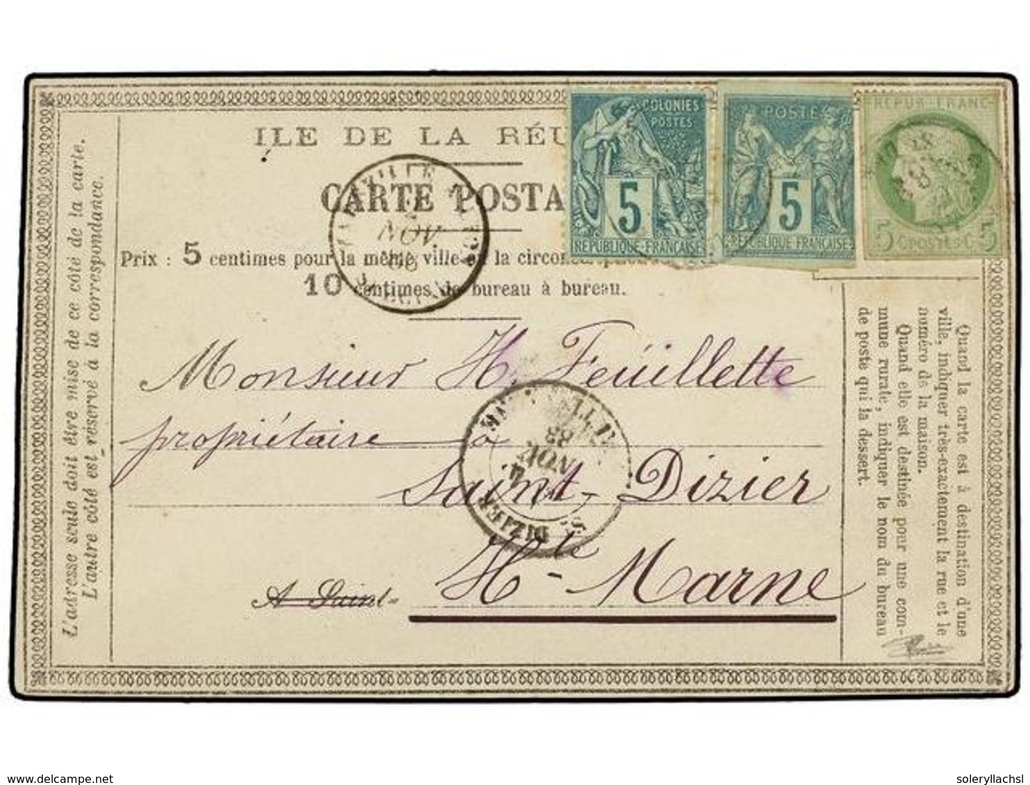 446 REUNION. 1883. ST. DENIS A FRANCIA. CARTE POSTALE Con Franqueo De <B>5 Cts.</B> Verde Ceres, <B>5 Cts.</B> Verde Sag - Other & Unclassified