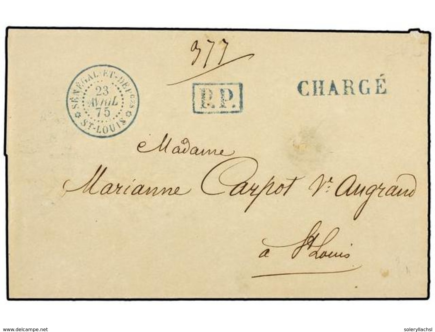 447 SENEGAL. 1875 (April 23). Registered Cover, Side Flaps Removed, Locally Used With Framed <B>P.P.</B> Straight Line < - Andere & Zonder Classificatie