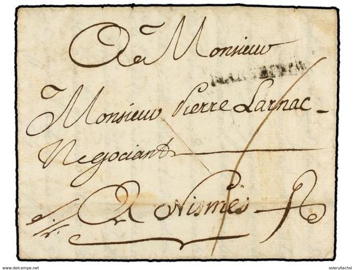 449 TUNEZ. 1749. TUNIS A NIMES (Francia). Carta Completa, Marca De Entrada <B>MARSEILLE, </B>cortes De Desinfección. - Other & Unclassified
