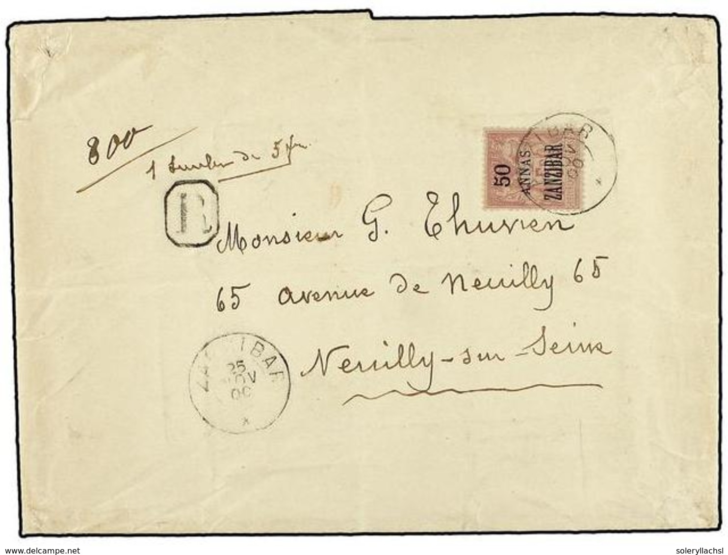452 ZANZIBAR. Ce.31. 1900 (Nov 25). Registered Cover Commercially Used To NEUILLY SUR SEINE (France) Franked By 1896 <B> - Andere & Zonder Classificatie