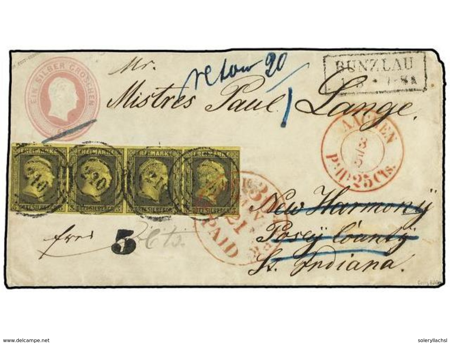 453 ALEMANIA ANTIGUOS ESTADOS: PRUSIA. (1855 CA.). <B>1sgr. </B>rose Postal Stationery Envelope Mailed To POSEY COUNTY ( - Other & Unclassified