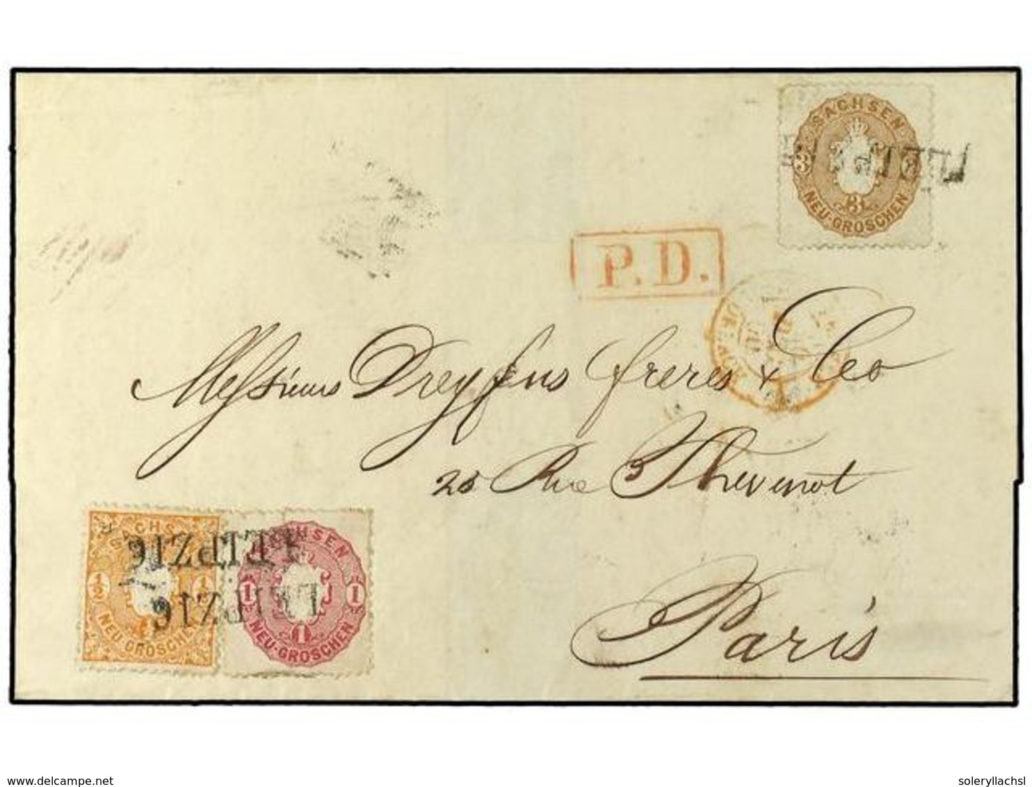 454 ALEMANIA ANTIGUOS ESTADOS: SAJONIA. 1866. Envelope To France Bearing <B>1/2 Ngr</B> Orange (SG 36),<B> 1 Ngr</B> Red - Autres & Non Classés