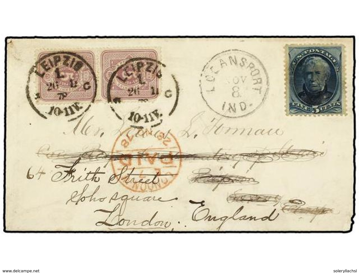 468 ALEMANIA. Sc.179. 1878 (Nov 8). Cover From LOGANSPORT (Ind.) Franked By 1875 Taylor <B>5c. </B>blue, Mailed To SAXON - Other & Unclassified