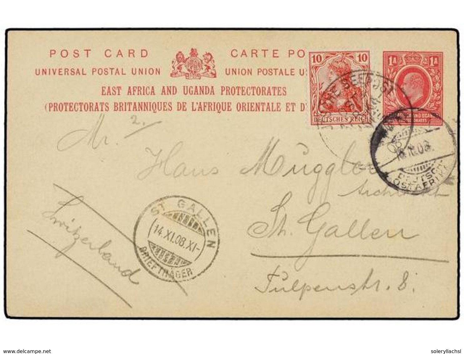 472 AFRICA ORIENTAL ALEMANA. 1908. TANGA To ST. GALLEN (Switzerland) <B>1 An.</B> Red Postal Stationary Card Of East Afr - Autres & Non Classés