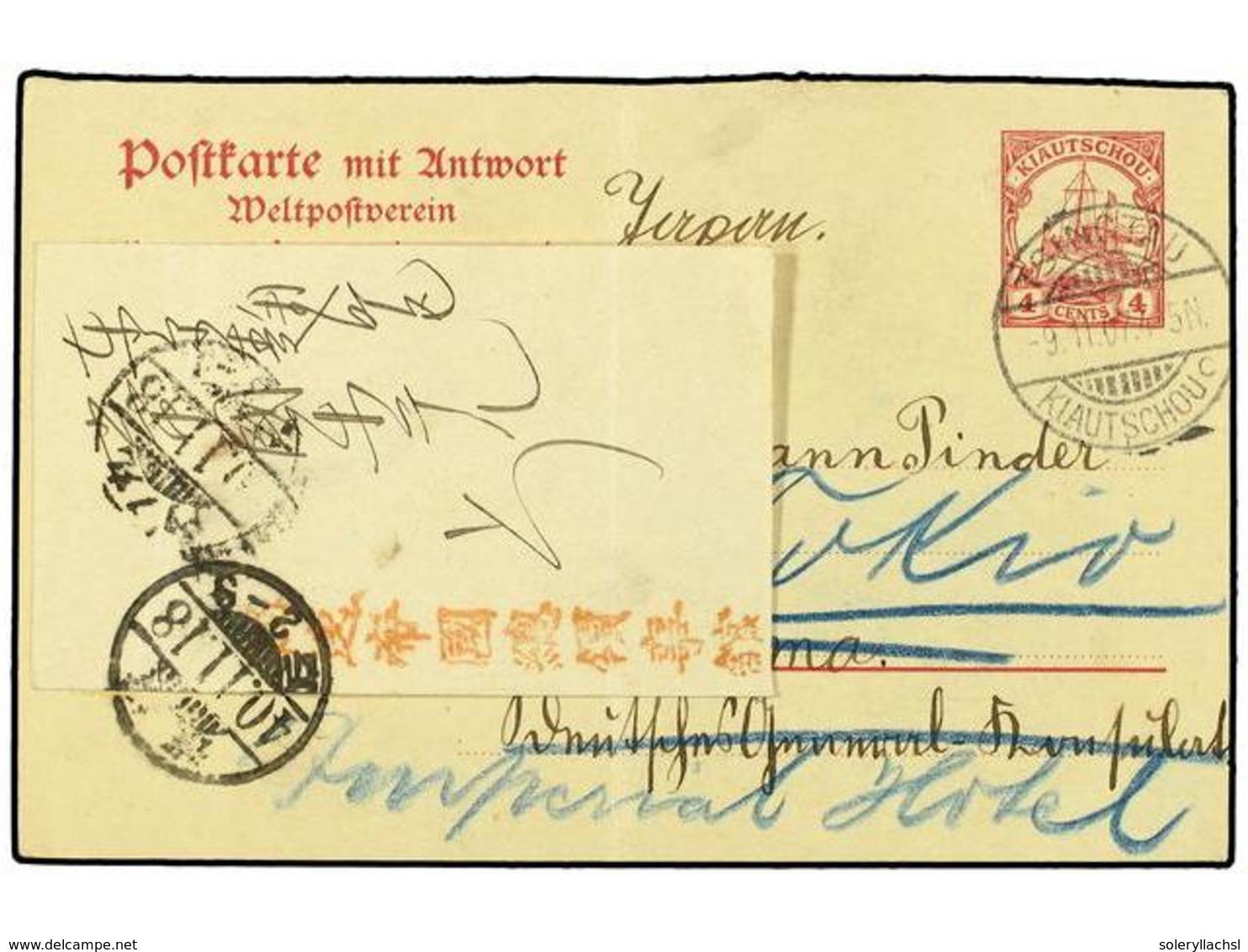 473 KIAO-TCHEU. 1907 (Nov 9). Yacht <B>4c</B>. Red Postal Stationery Card Used To Yokohama Cancelled By <B>'Tsingtau'</B - Andere & Zonder Classificatie