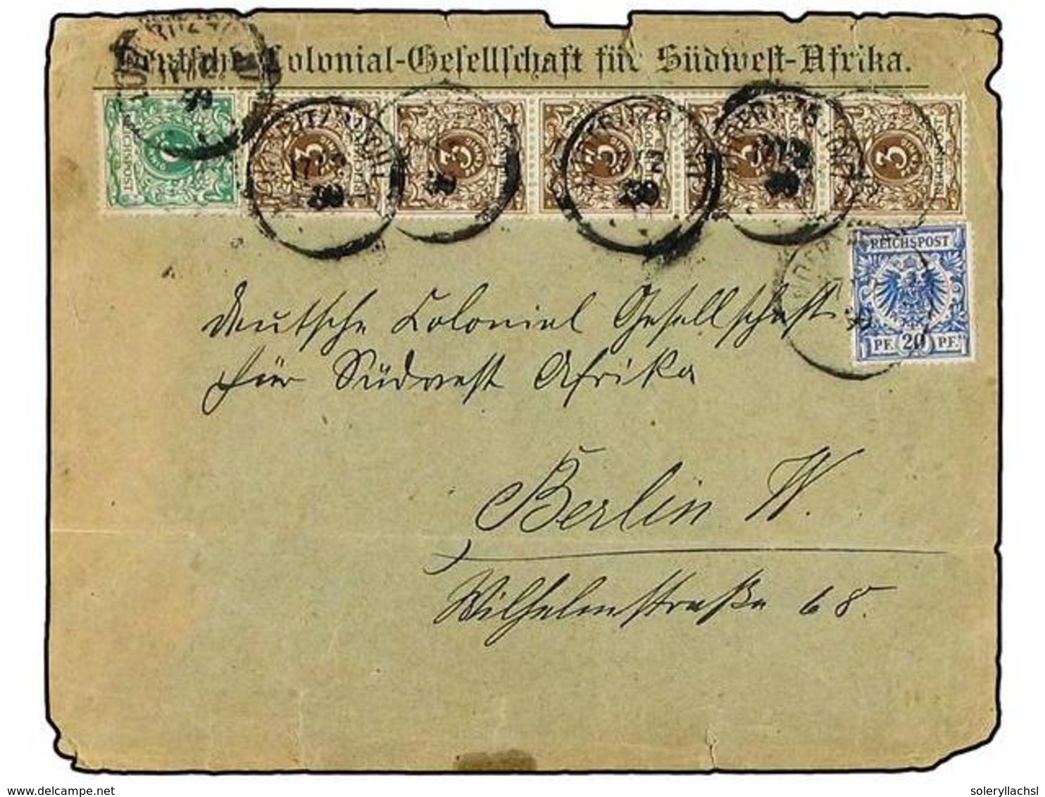 475 AFRICA DEL SUDOESTE ALEMANA. 1899. Cover To BERLIN Ex Colonial-Gesellschaft Fur Sudwest-Afrika; Franked By 1889 Reic - Other & Unclassified