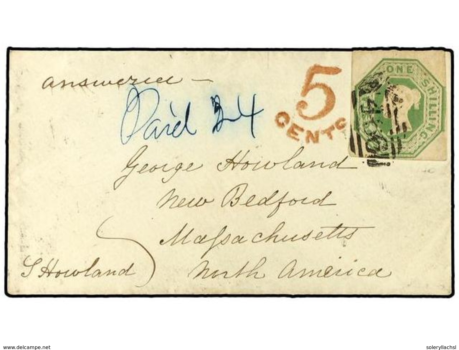 480 GRAN BRETAÑA. 1852 (May 6). Cover To New Bedford, USA Franked By Fine Four Margined 1847-54 Embossed <B>1sh</B>. Gre - Sonstige & Ohne Zuordnung