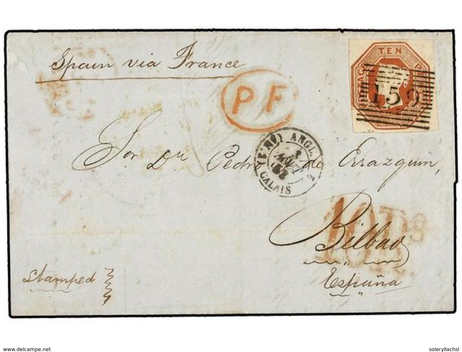 481 GRAN BRETAÑA. Sg.57. 1853. GLASGOW (Scotland) To BILBAO (Spain). <B>10d.</B> Brown Tied By <B>'159'</B> Glasgow Nume - Autres & Non Classés