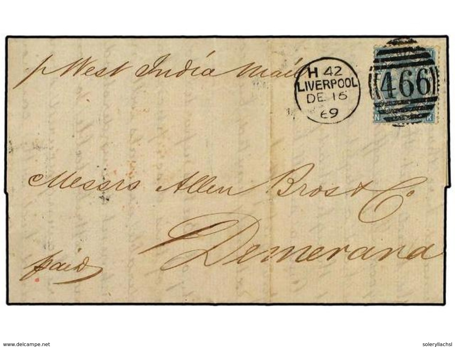 482 GRAN BRETAÑA. 1869 (Dec 15th). Cover Endorsed 'per West India Mail-paid' To BRITISH GUIANA Franked At Double The 1 S - Autres & Non Classés