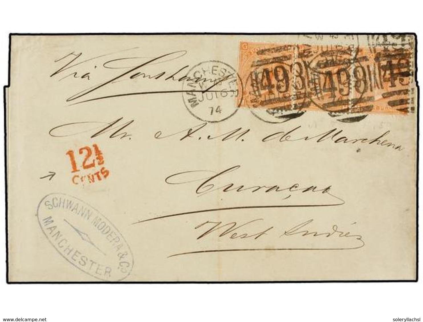 482A GRAN BRETAÑA. 1874. MANCHESTER To CURAÇAO (Netherland Antilles), Folded Letter Franked With Three <B>4 D.</B> Orang - Autres & Non Classés