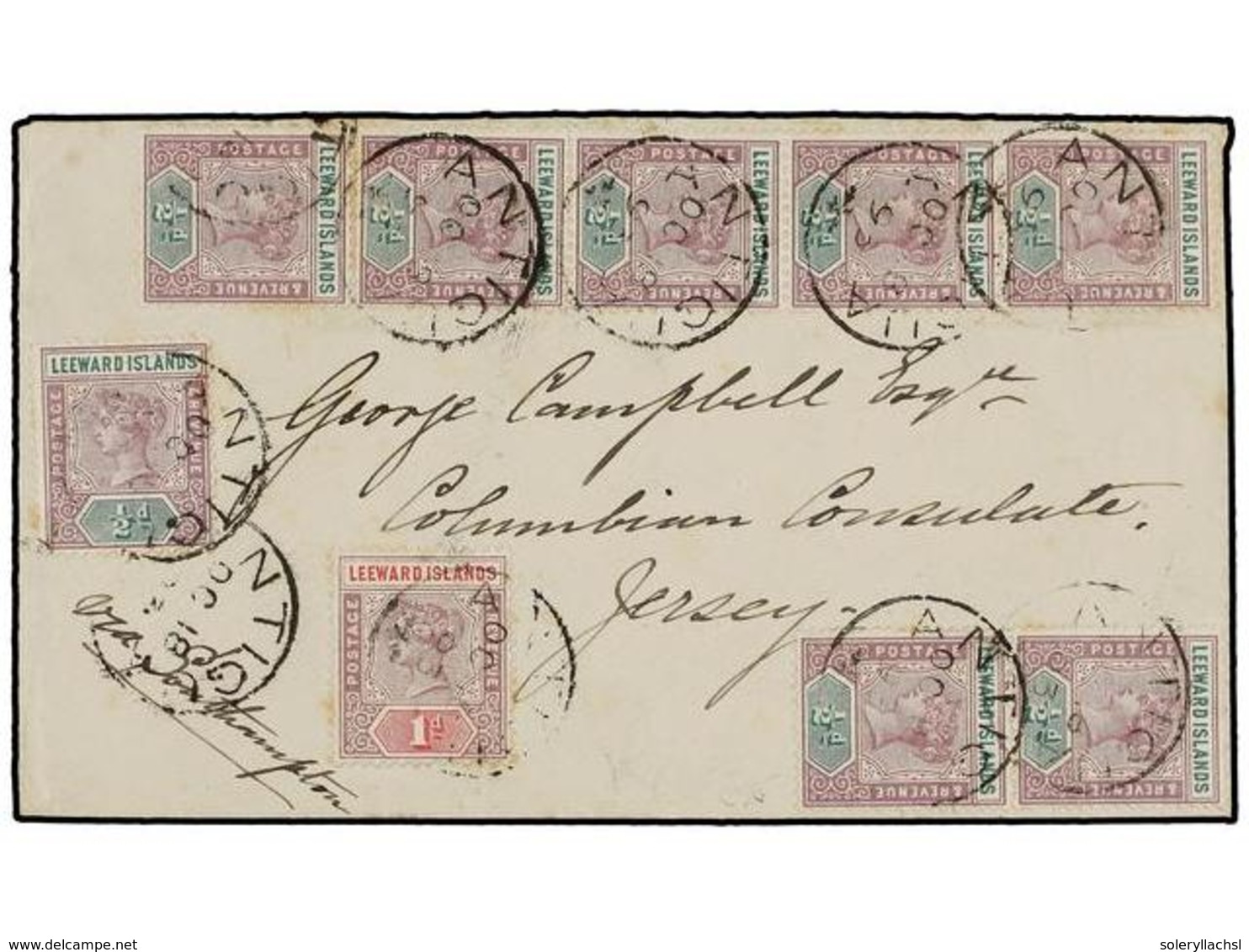 486 ANTIGUA. 1893. ANTIGUA To JERSEY. Envelope Franked With Eight <B>1/2 D.</B> And <B>1 D.</B> Stamp, Arrival Cds On Re - Autres & Non Classés