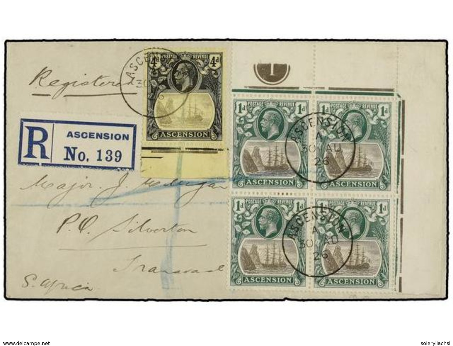 488 ASCENSION. Sg.11 (4), 15. 1926. ASCENSION To SILVERTON (South Africa). Envelope Franked With Block Of Four (corner S - Autres & Non Classés