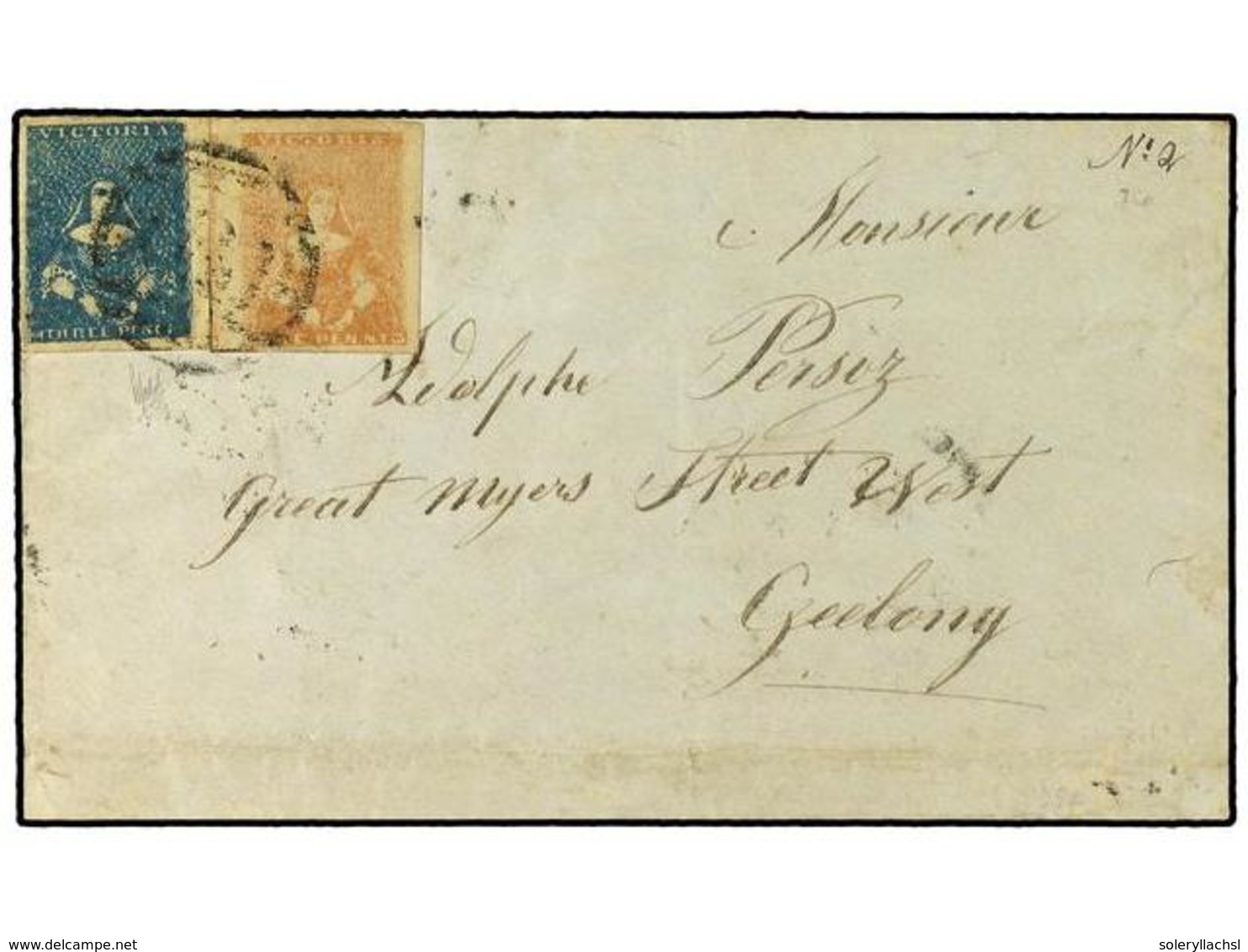 490 AUSTRALIA. 1856. Cover To GEELONG With Fine Campbell Ferguson Printing <B>1 D.</B> Dull Red And <B>3 D.</B> Prussian - Autres & Non Classés