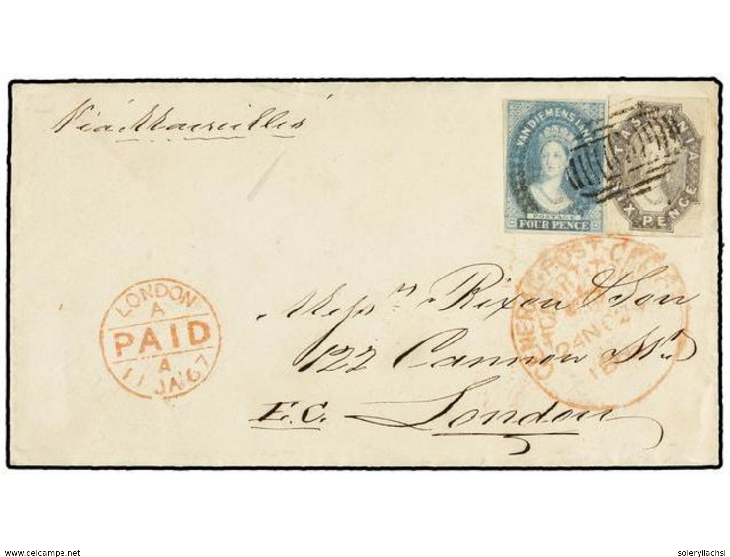 492 COLONIAS INGLESAS. Sg.36, 44. 1867. <B>VAN DIEMENSLAND. </B>HOBART TOWN To LONDON. <B>4 D.</B> Blue And <B>6 P.</B>  - Altri & Non Classificati