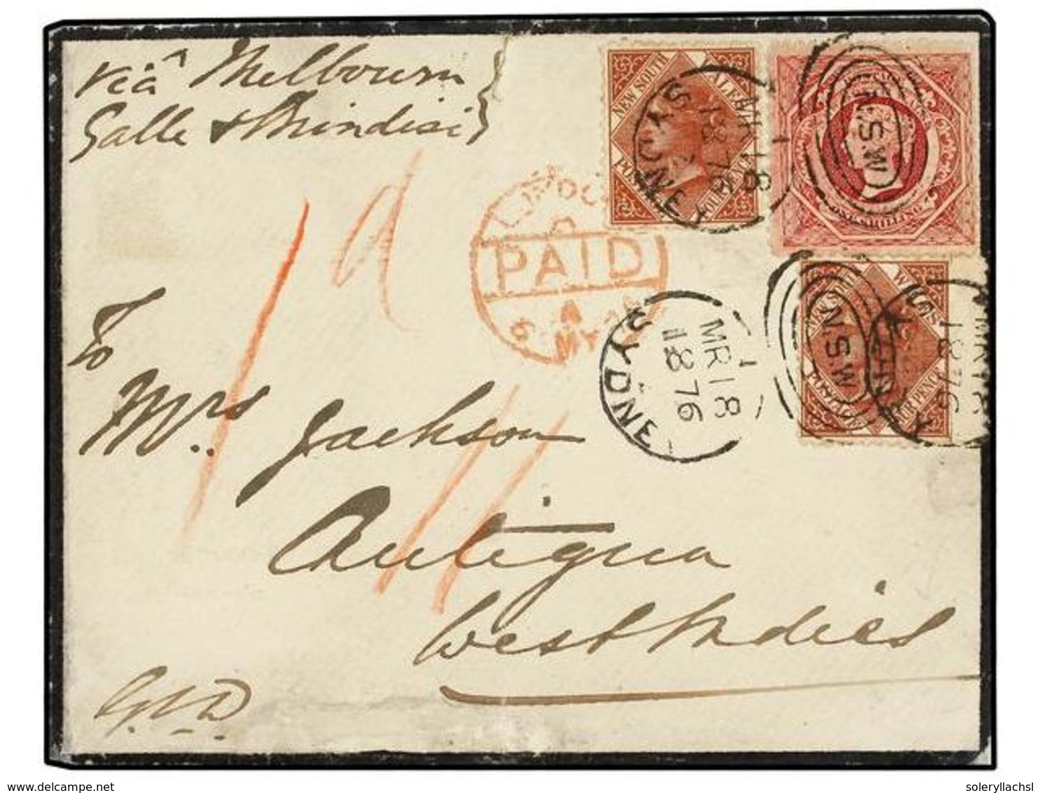 493 NUEVA GALES DEL SUR. Sg.168, 203 (2). 1876. SYDNEY To ANTIGUA (British West Indies). <B>4 D.</B> Brown (2) And <B>1  - Autres & Non Classés