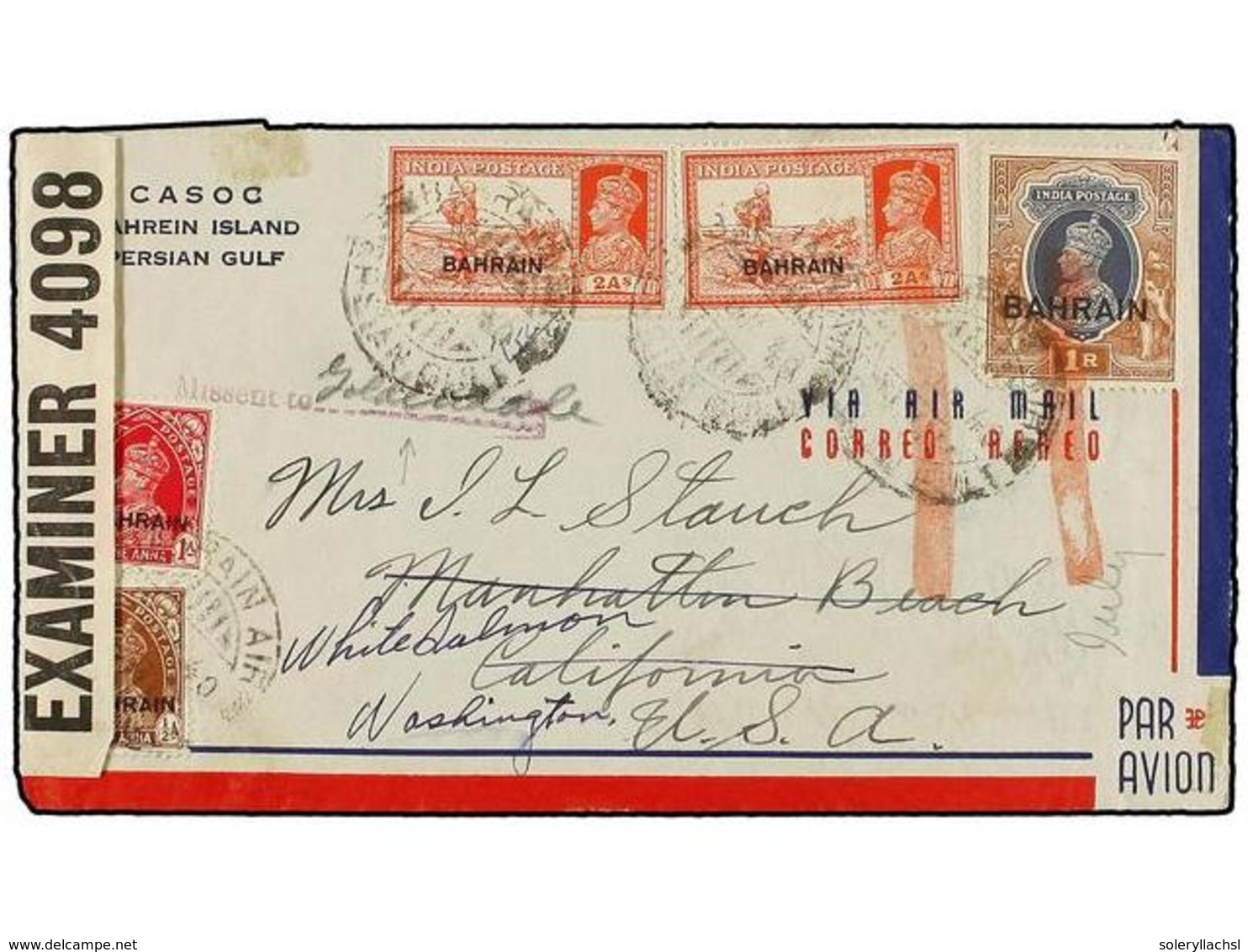 496 BAHRAIN. 1940. BAHRAIN To USA. <B>1/2 A.</B>,<B> 1 A.</B>, <B>2 A.</B> (2) And <B>1 R.</B> With Censor Label And Arr - Autres & Non Classés