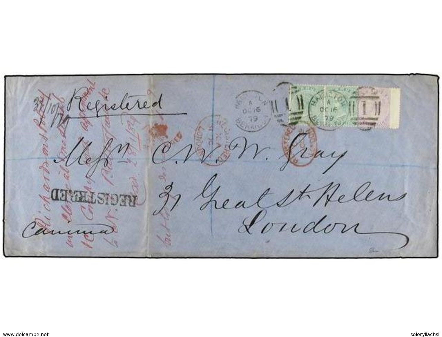 497 BERMUDAS. 1879 (Oct 16). Registered Cover To LONDON Franked By 1865-74 <B>6d.</B> Dull Mauve And Horizontal Pair Of  - Andere & Zonder Classificatie