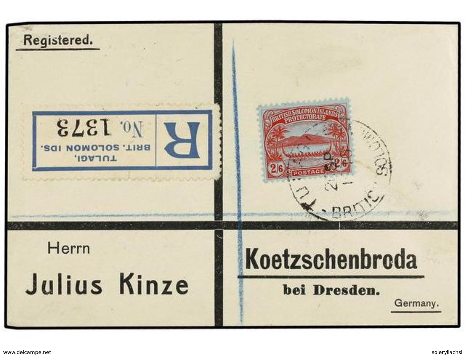 498 SOLOMON. Sg.16. 1910. TULAGAI To GERMANY. Envelope Franked With <B>2 Sh.</B>,<B>6 D.</B> Stamp On Registered Cover,  - Andere & Zonder Classificatie