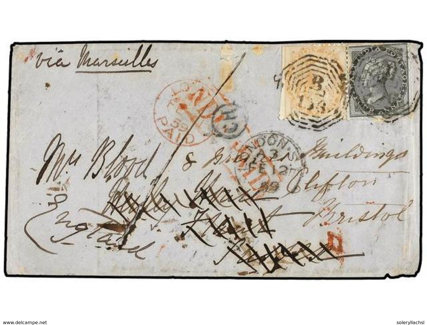 500 BIRMANIA. 1858. RANGOON To GREAT BRITAIN. Envelope Franked With India <B>2 Annas</B> And <B>4 Annas</B> Stamps Tied  - Autres & Non Classés