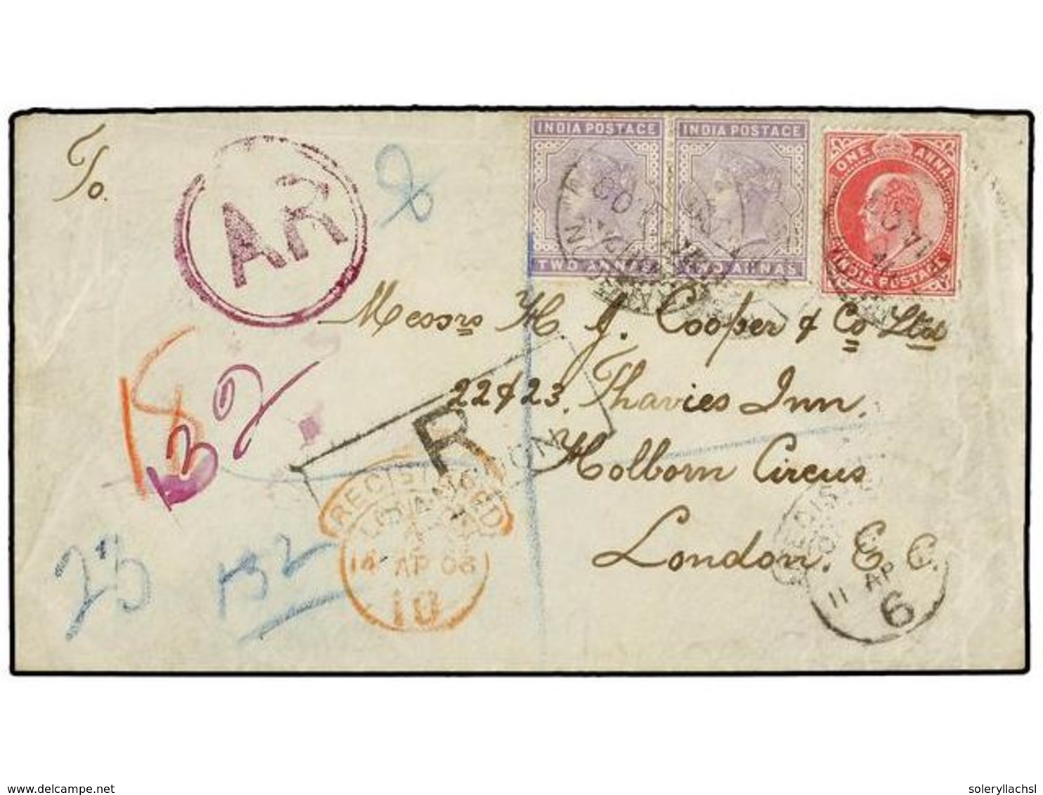 502 BIRMANIA. 1903. RANGOON To LONDON. Envelope Franked With India One<B> Anna</B> Red And Two <B>2 Annas</B> Lilac. Reg - Other & Unclassified