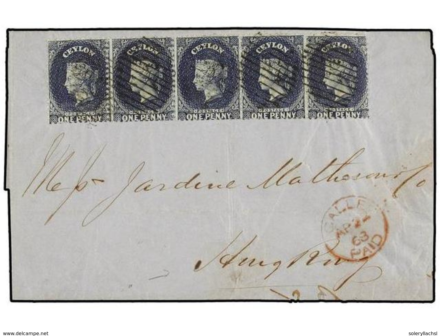 505 CEILAN. 1863. GALLE To HONG KONG. Folded Letter Franked With Strip Of Five <B>1 D.</B> Deep Blue Stamp, Cancelled By - Andere & Zonder Classificatie