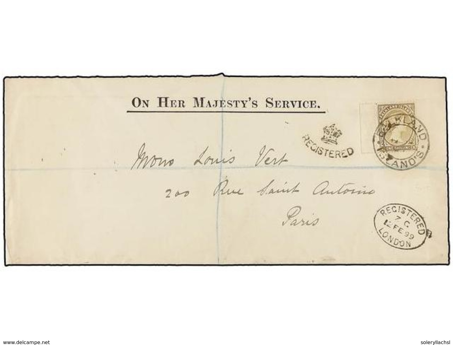 507 FALKLAND. Sg.38. 1899. FALKLAND To PARÍS. Large Oficial Envelope Franked With <B>1 Sh.</B> Yellow-brown With <B>FALK - Autres & Non Classés
