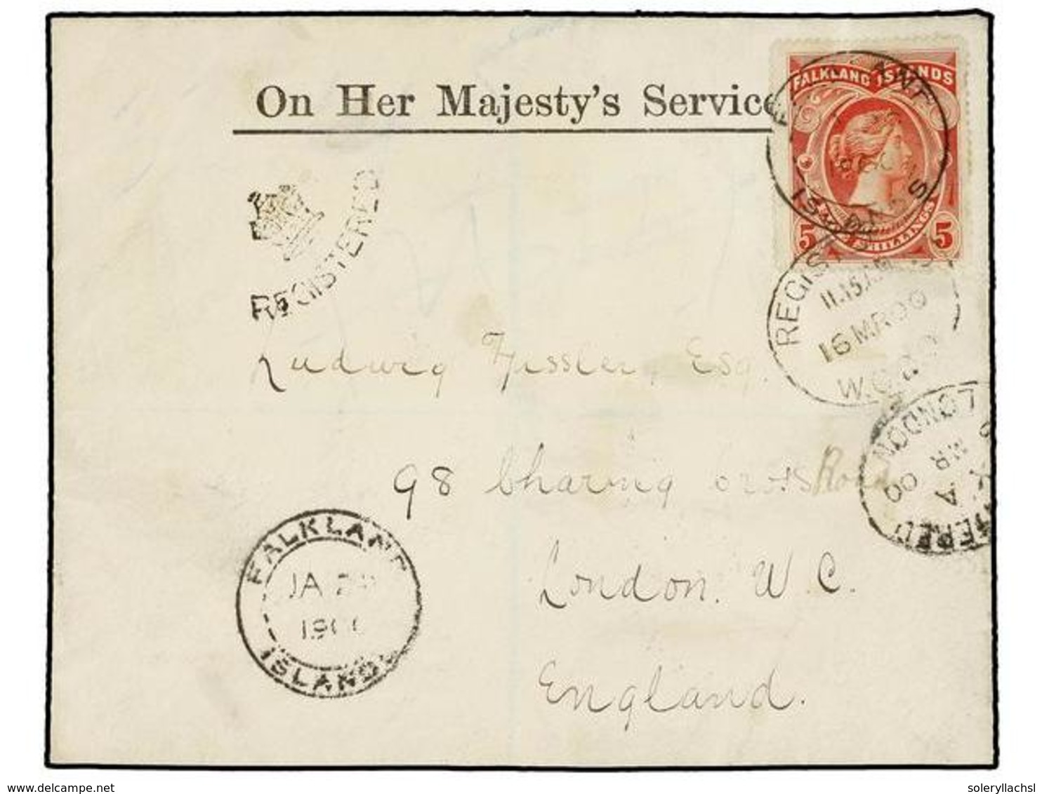 508 FALKLAND. Sg.42. 1900. FALKLAND To GREAT BRITAIN. <B>5 Sh.</B> Red Tied By <B>FALKLAND/ISLANDS</B> Cds. Cancel Sent  - Andere & Zonder Classificatie