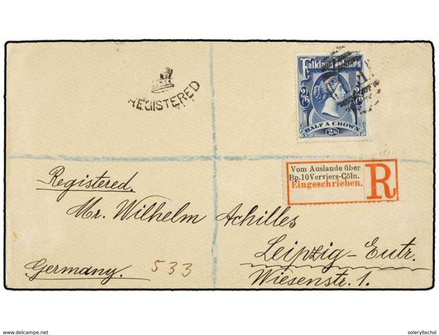 509 FALKLAND. Sg.41. 1900. FALKLAND To GERMANY. <B>2/6 Sh.</B> Blue Tied By <B>F1</B> Cancel, Sent Registered. Arrival C - Andere & Zonder Classificatie