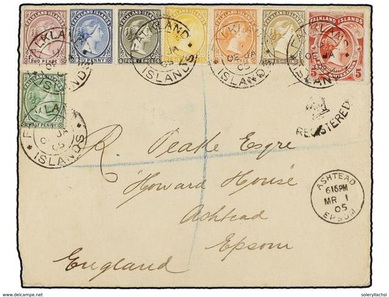510 FALKLAND. Sg.27, 30, 32, 34, 35, 38, 42. 1905. FALKLAND To GREAT BRITAIN. Spectacular Franking Including The RARE <B - Andere & Zonder Classificatie