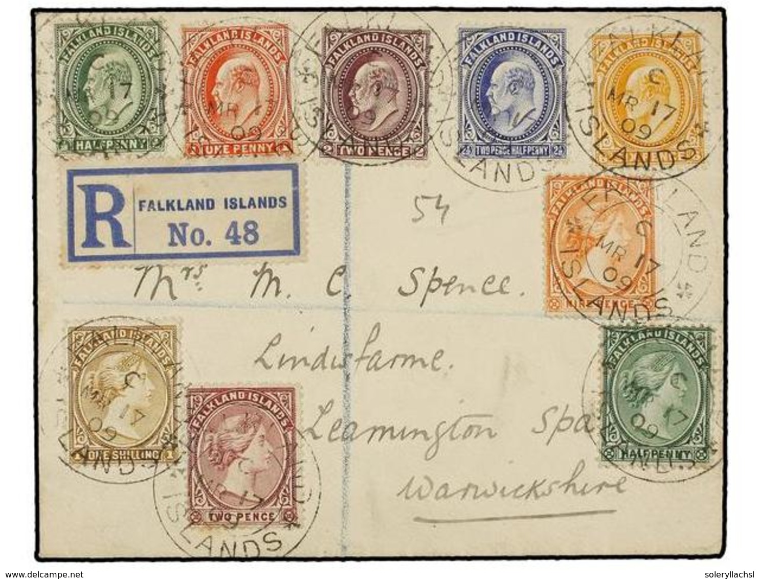 512 FALKLAND. Sg.16, 26, 35, 38, 43, 47, 50, 52, 54. 1909. FALKLAND To GREAT BRITAIN. Spectacular Franking. Registered C - Other & Unclassified