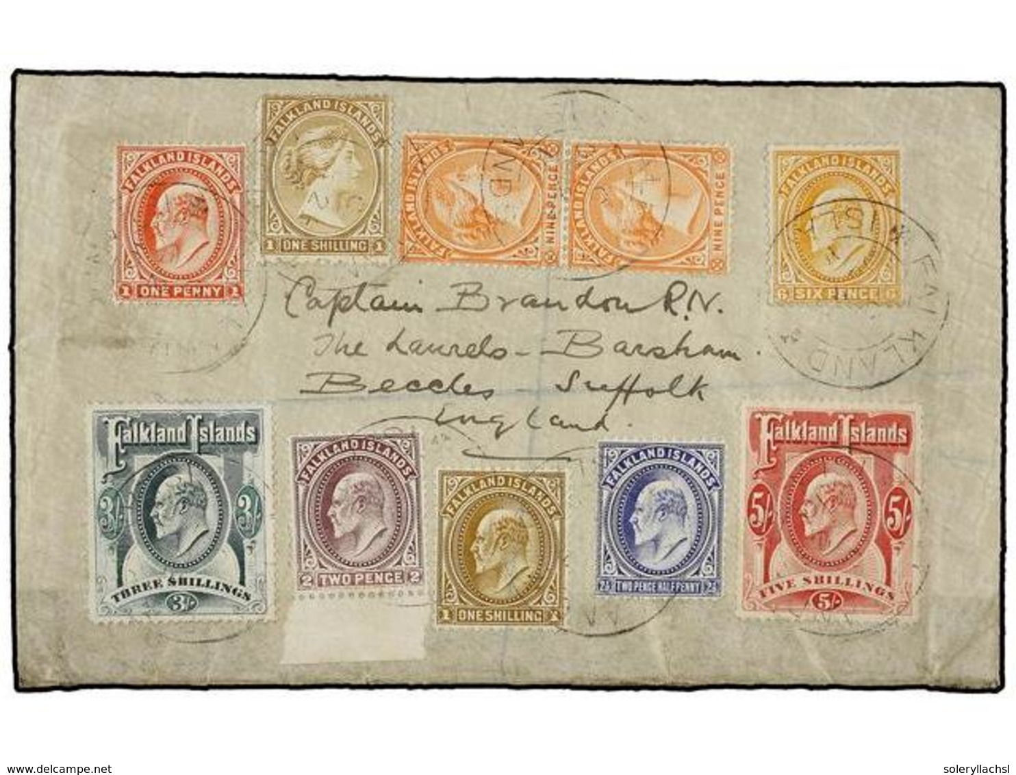 513 FALKLAND. Sg.35 (2), 37, 43 (3)/50. 1911. FALKLAND To GREAT BRITAIN. Spectacular Franking Including The RARE <B>3 Sh - Andere & Zonder Classificatie