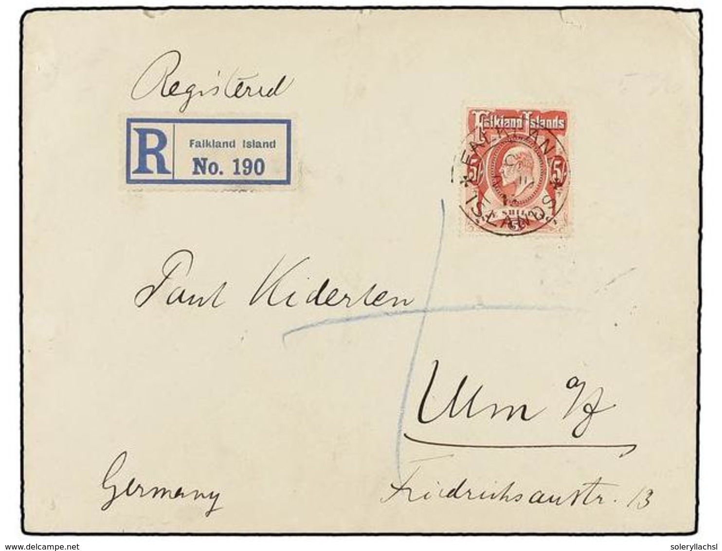 514 FALKLAND. Sg.50. 1913. FALKLAND To GERMANY. <B>5 Sh. </B>red. Registered Cover, Arrival On Reverse. RARE Stamp On Co - Andere & Zonder Classificatie