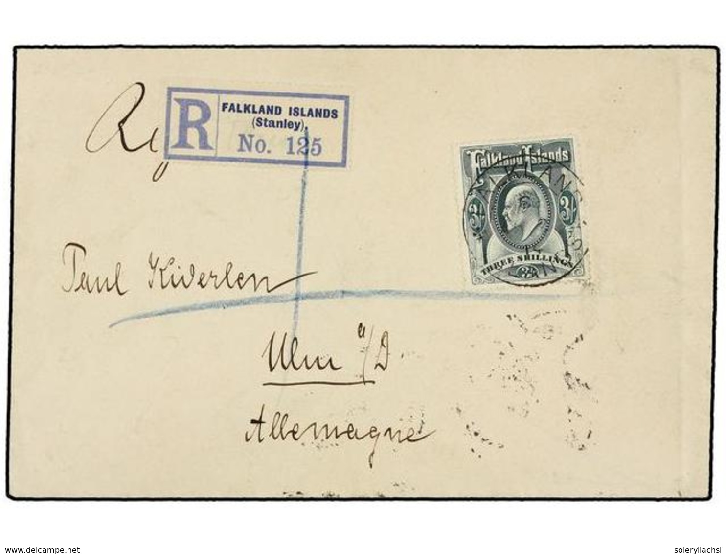 515 FALKLAND. Sg.49. 1914. PORT STANLEY To GERMANY. <B>3 Sh.</B> Green. Registered Cover. Arrival On Reverse. RARE Stamp - Andere & Zonder Classificatie