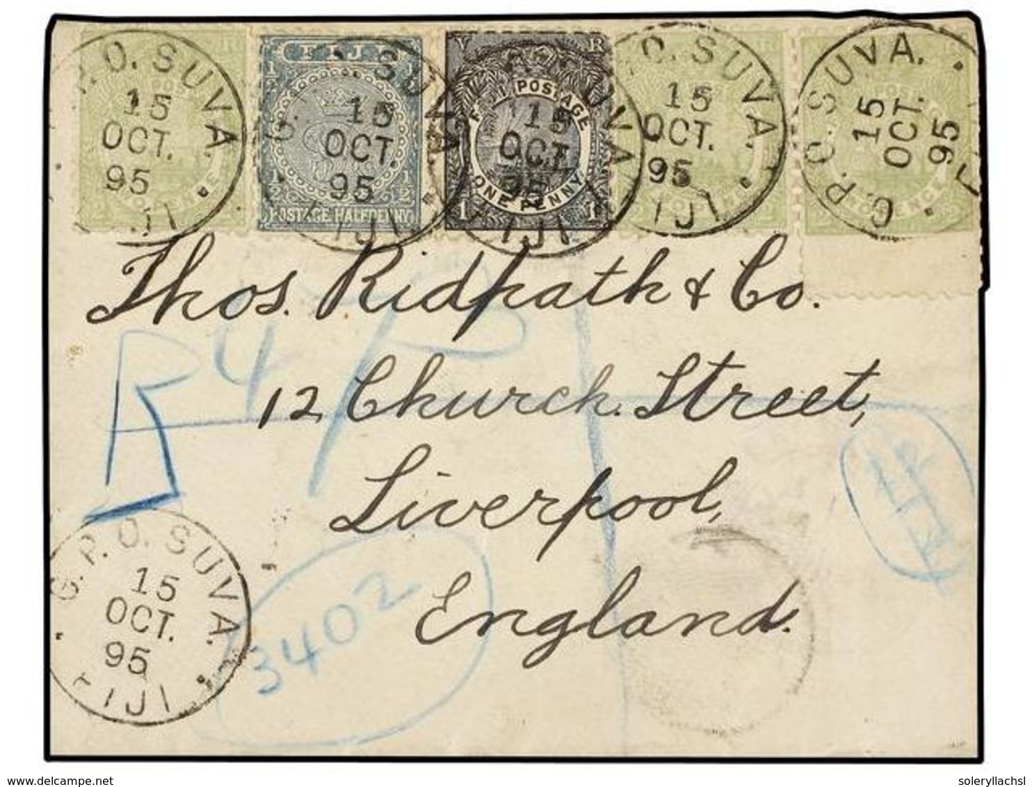 516 FIJI. Sg.76, 77, 78. 1895 (Oct. 15th). Small, Attractive Envelope Registered From SUVA To LIVERPOOL Bearing <B>1/2d. - Andere & Zonder Classificatie