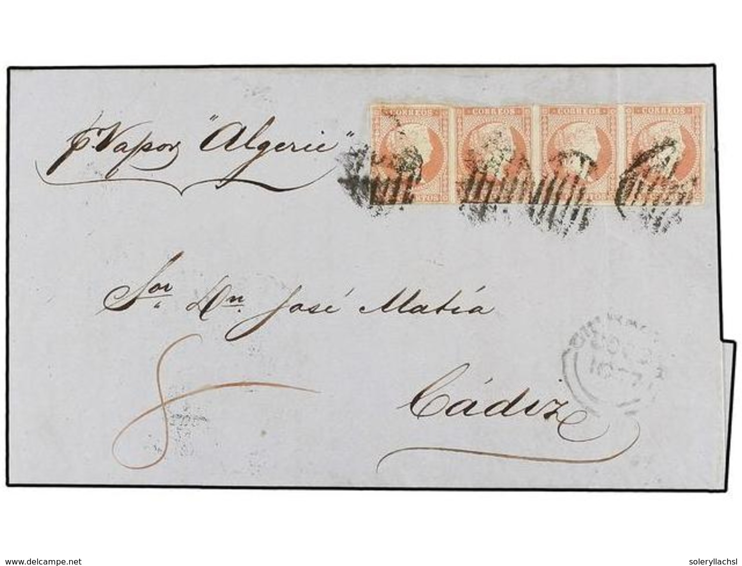 518 ESPAÑA. Ed.48 (4). 1857. GIBRALTAR A CÁDIZ Por Vía Marítima. <B>4 Cuartos</B> Rojo Tira De Cuatro. Mat. A La Llegada - Andere & Zonder Classificatie