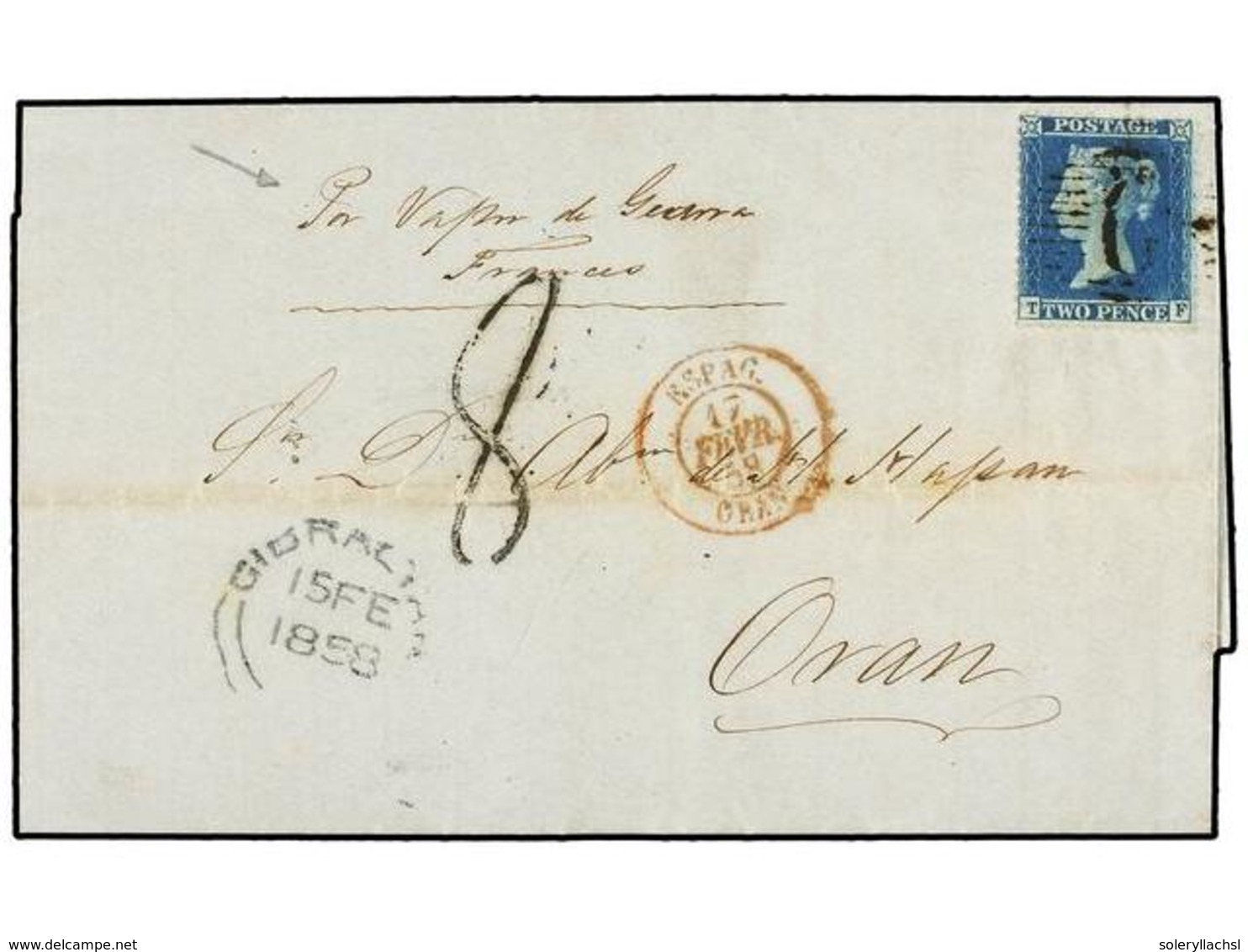 522 GIBRALTAR. 1858. GIBRALTAR A ORAN (Argelia). <B>2 D.</B> Azul, Mat. <B>'G'</B>, Manuscrito<I> 'Por Vapor De Guerra F - Autres & Non Classés