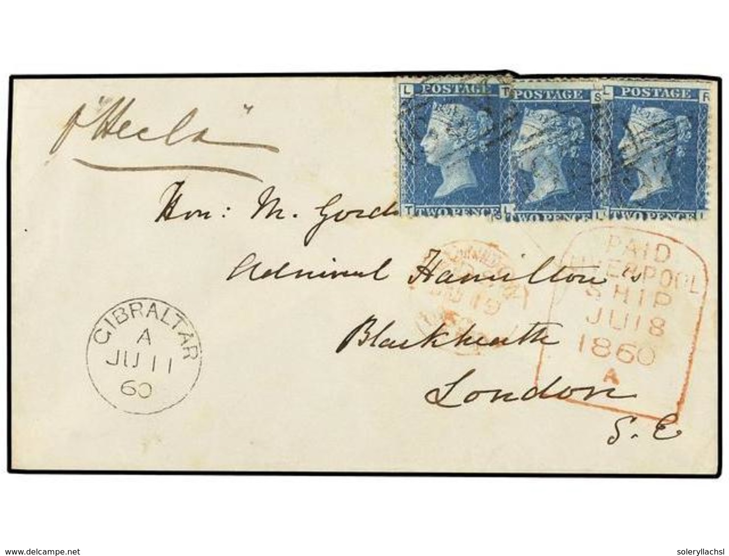 524 GIBRALTAR. 1860 (11 June). GIBRALTAR To LONDON. Envelope Franked With Three<B> 2 P.</B> Blue Cancelled By <B>A 26</B - Andere & Zonder Classificatie