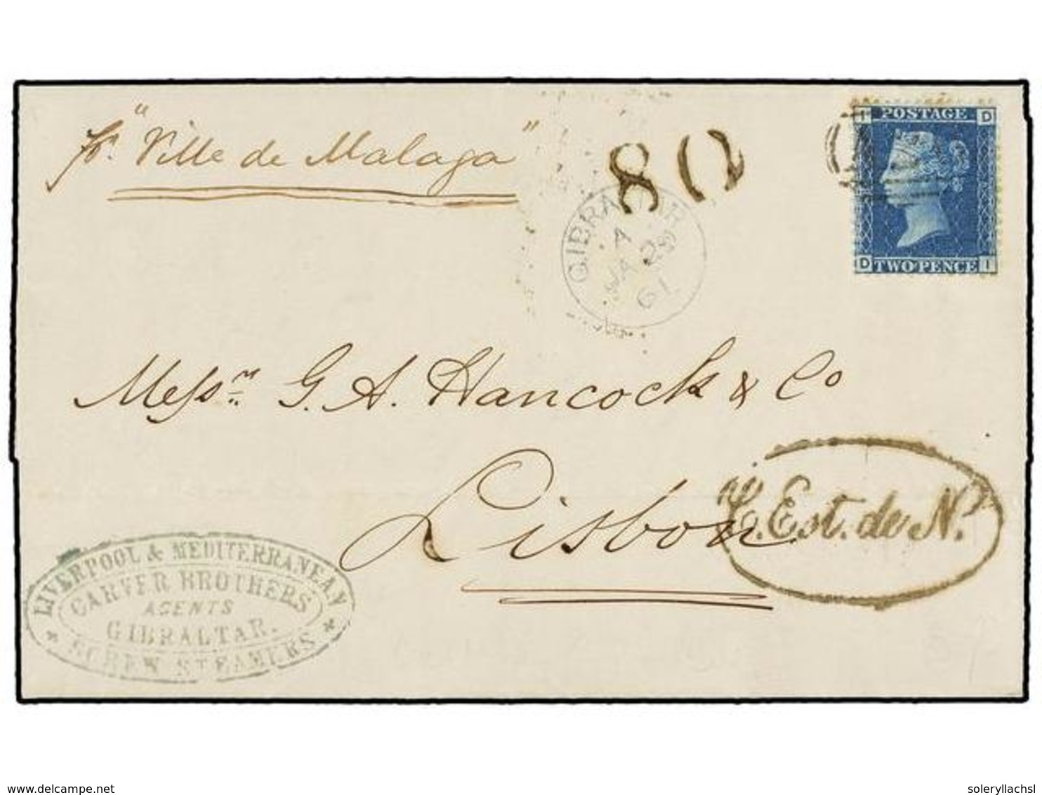 525 GIBRALTAR. 1861. GIBRALTAR To LISBON. Entire Letter Franked With GB <B>2 D.</B> Blue Stamp, Cancelled With <B>A26,</ - Autres & Non Classés