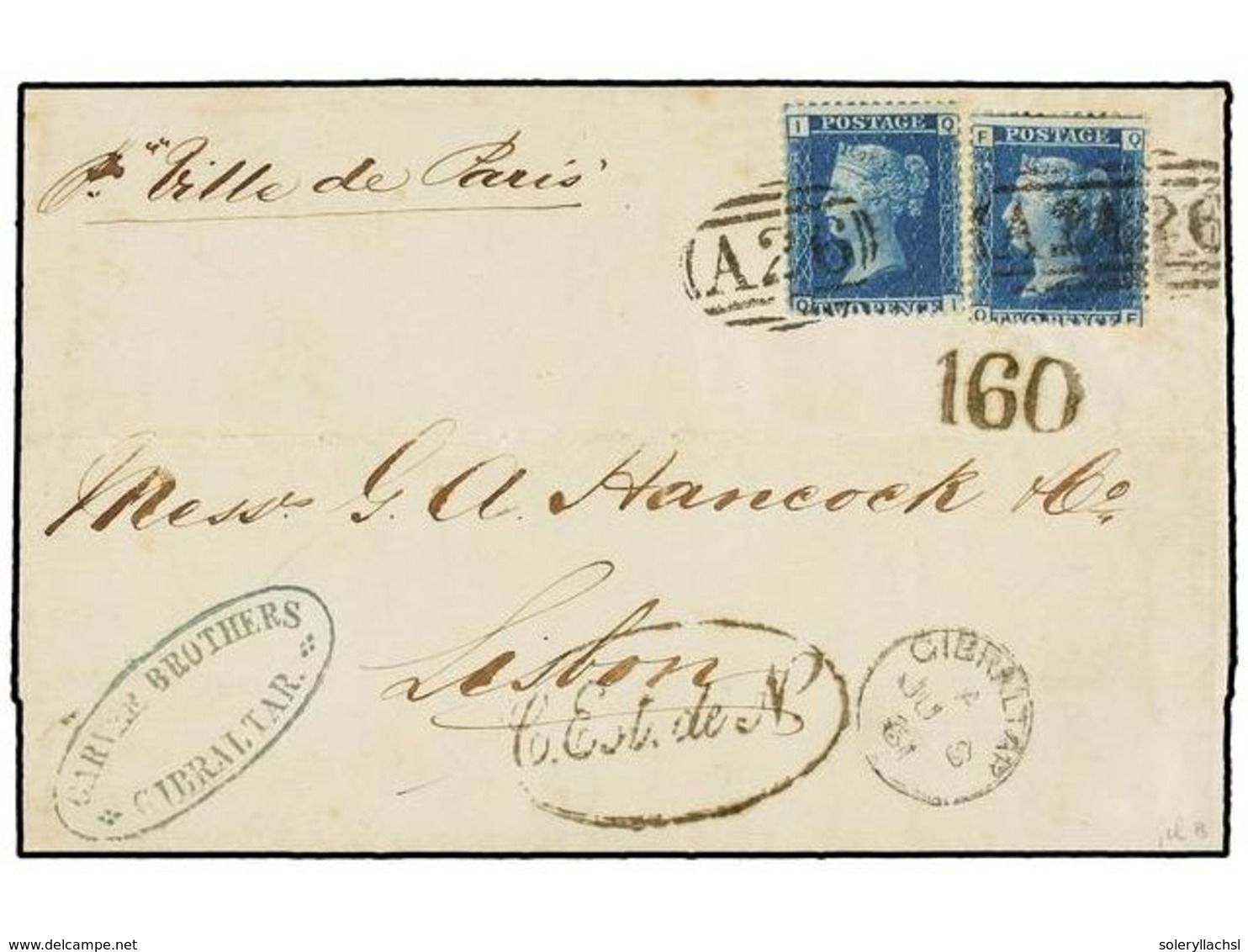 526 GIBRALTAR. 1861. GIBRALTAR To LISBON. Entire Letter Franked With Two GB <B>2 D.</B> Blue Stamp, Cancelled With <B>A2 - Sonstige & Ohne Zuordnung