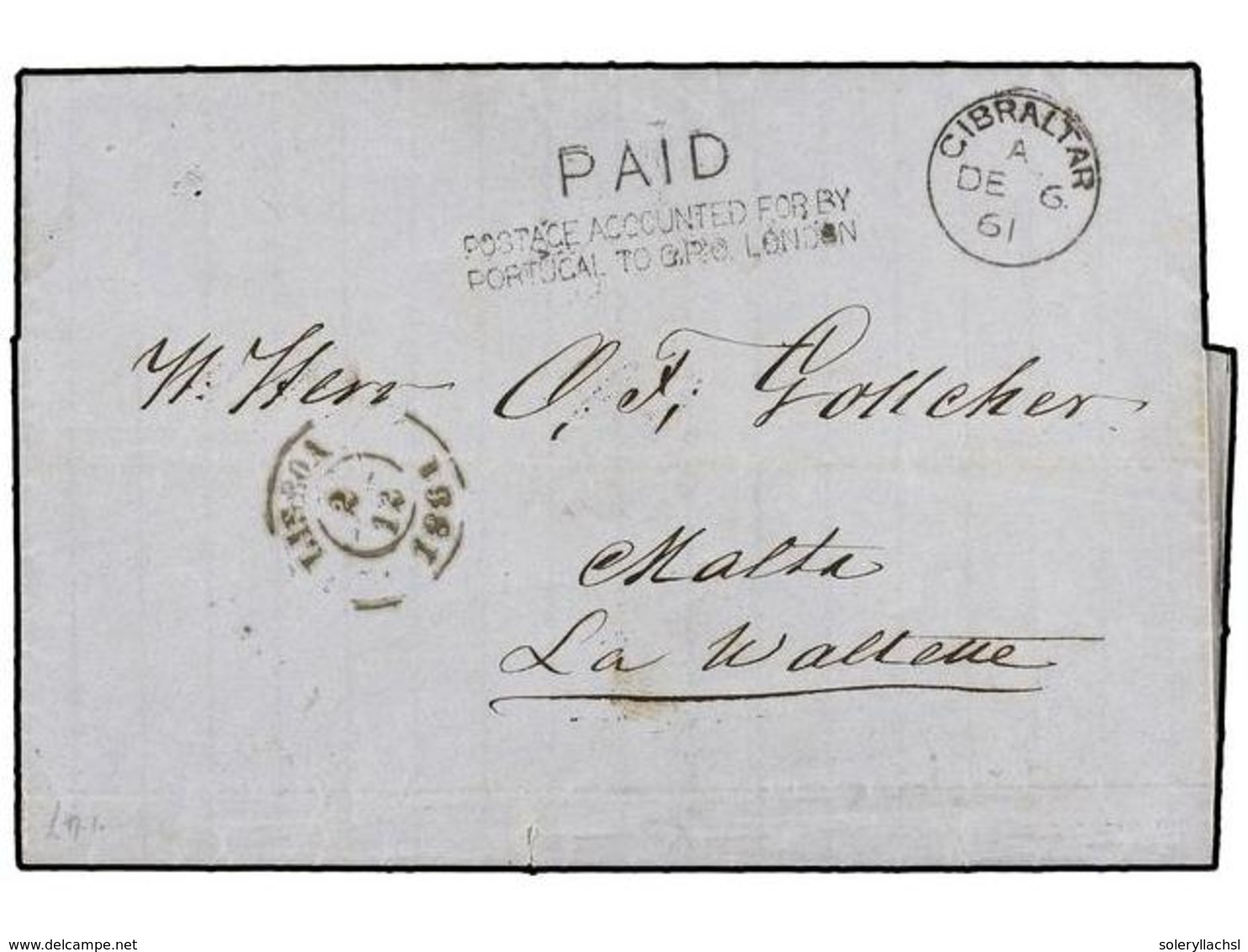 526A PORTUGAL. 1861. LISBOA To MALTA. Entire Letter, On Reverse Oval <B>PAGO DE FRAN PELO PAQUETE/150</B> Sent Via Gibra - Andere & Zonder Classificatie